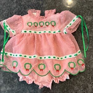 LBS Pink Holiday Baby Dress with Wreath Embroidery